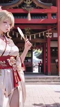 Blonde Kimono Girl's Shrine Secret! Kneeling Under the Torii Gate in a Beige Modified Kimono