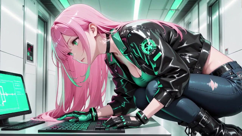 Tay Swift X: Pink-haired Leather Tech! Private Vibes in a Neon-lit Cyber Corridor.