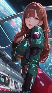 Bên trong tàu Sci-fi, cô mặc một bộ giáp màu xanh lá cây khít khao, chạm vào đôi môi đỏ của mình trong khi nhìn vào thiên hà qua lỗ cổng.