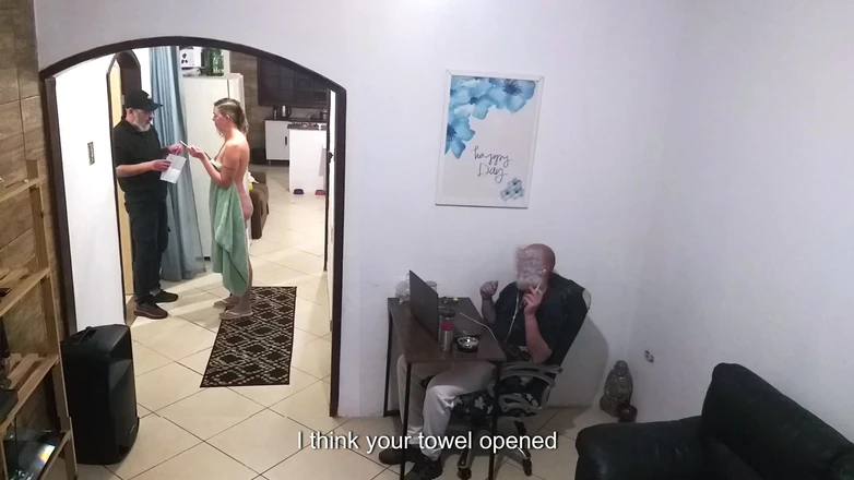 Gabi SweetCouplesStories: While the Husband Works, the Wife in a Towel Greets...