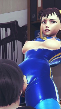 Chun Li Street Fighter 6 - 파란색 라텍스 의상을 입은 섹시한 코스프레 애니메이션 소녀가 오르가즘으로 쪼이는 바지로 보지를 핥아