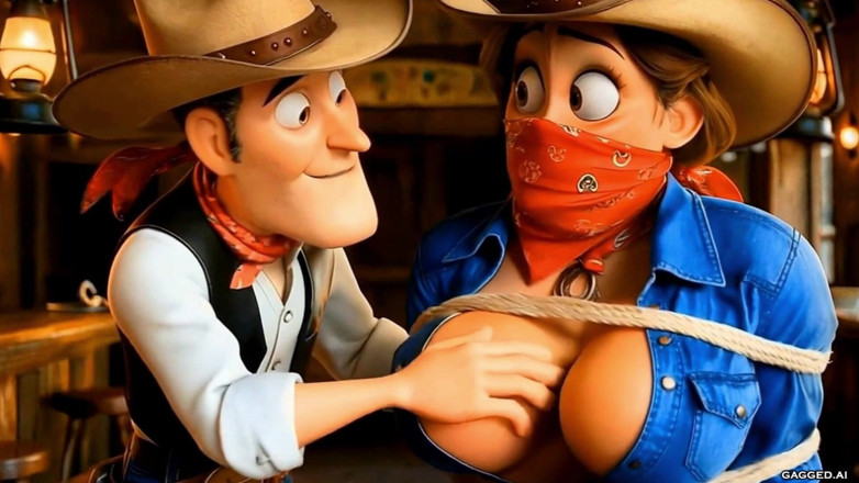 Gagged AI Cartoons: uske ghumaavon ke lie rassi se bandha gaya