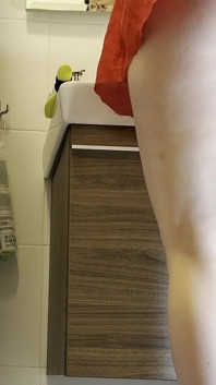 Hot Sexy Petite Girlfriend in a Mini Short Red Dress for New Year and Christmas Flashes Pussy and Naked Ass in the Bathroom