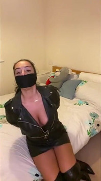 Latina in Leather Boots and Full Leather Outfit Tied Tight and Wrap Gagged (smaller Size)