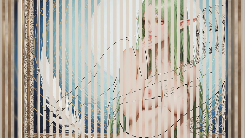 LustRender: Lustrender スライドショー:美しいヌードエルフの額縁された羽根線画 - AI動画