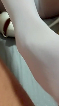 MILF Plays with Her Feet and Cock and Gets a Cumshot on Her Pantyhose, POV