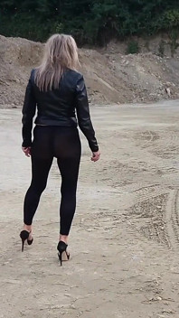 Grandma Is Walking Around a Gravel Pit in Tight Leggings and High Heels!
