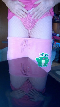 Sissy in Pink Fishnets Sprays Her Cumload All Over Her Dressing Table