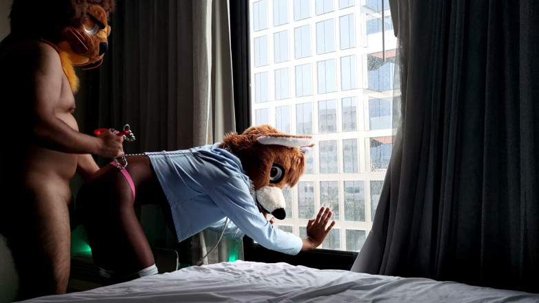 PawgrammerSocks: Bareback Femboy Furry Fursuit Fuck in Front of Window