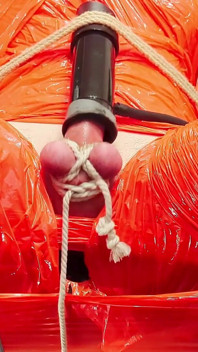 Gnadenloses schwanzmelken (enges glänzendes rotes Plastik-mummificaton und entfernte analstimulation)