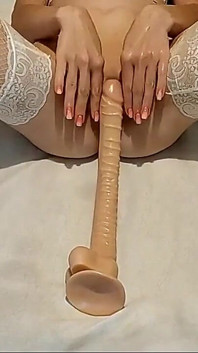 Amateur MILF Plays with Long Dildo Lingerie Stockings