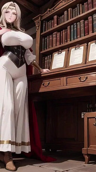 Languid Reading in a Gothic Library, White Robe and Red Cape, Hand Resting Gracefully with Half-closed Eyes.
