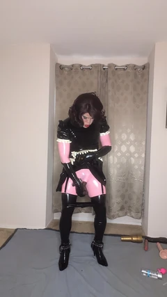 Latex Catsuit and Maid Dress Sissy Tries to Fuck Both of Her Holes with Dildos