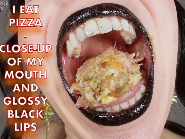 I Eat Pizza Close up of My Mouth and Glossy Black Lips (Goddess Circe)