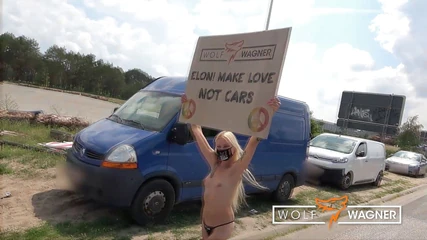 Tesla protest! Nude for a greater good! Kitty Blair demonstrates completely naked!