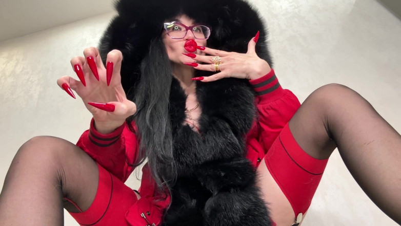 Julia domaina: Red Long Nails, Claws and Fur, Red Underwear, Stockings with...