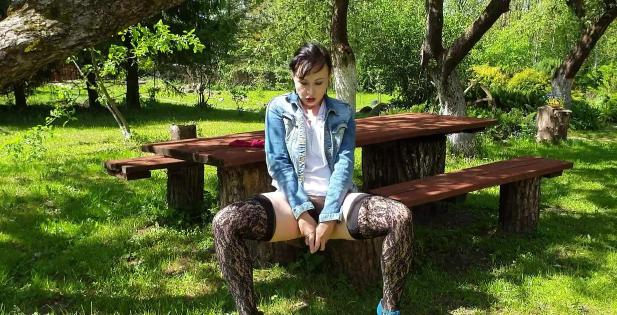 Wanking My All Natural Cunt With Hairy Bush While Sitting In The Spring Garden
