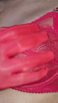 Sensual Red Lace Bra, Spandex Gloves, Caressing My Round and Firm Tits