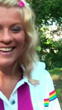 Pretty Blonde does perfect blowjob with stranger's huge cock