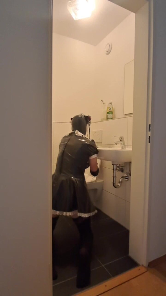 2GirlTs1Cock: Caged Sissy Maid Slave - Cleaning the Bathroom for Mistress and...