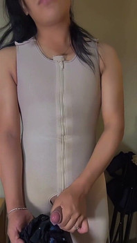 Trans Girl in Beige Girdle Gets Turned on After Her Surgery and Masturbates Until She Orgasms