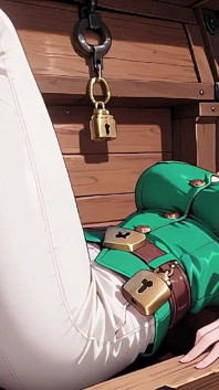 Capitano biondo pirata! Uniforme verde e corde ruvide su un ponte soleggiato. Pose languida, lunghe gambe esposte e lo sguardo provocante