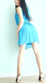 Sexy Babe with Blue Dress Touching Her Body All Over