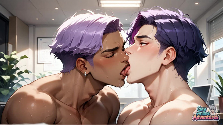 Gay Anime Adventures: Azgın, mor saçlı ofis kasları orgazm heyecanı ile püskürtüyor!