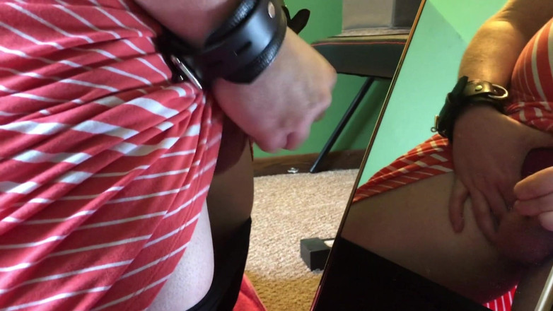 Plugged Data Pup: Sissy cumshots onto the mirror