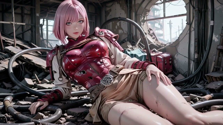 Seraphina Vale: 핑크 머리의 메크 워리어! 황무지 유적에서 게으른 관능적, 순수한 흰색 배경에 대한 젖은 클로즈업