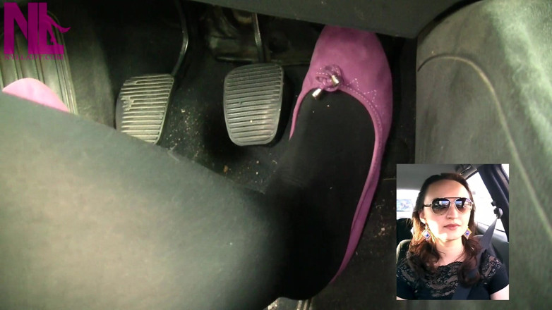 Nyllady: Driving in Black Thick Nylons and Pink Ballet Flats