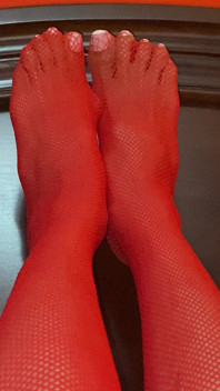 Really Sexy Legs with Tiny Sexy Asian Feet with Long Toes Red Stockings