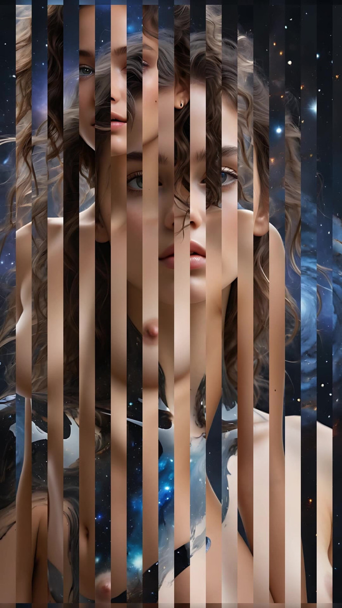 AI Girls: Художня оголена красива молода жінка з рідким обсидіановим тілом, що відображає Галактики | Ai Fantasy Art