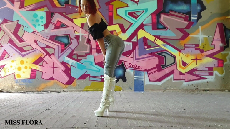 Miss Flora: Walking and Teasing in My White Boots - Parts 1 and 2