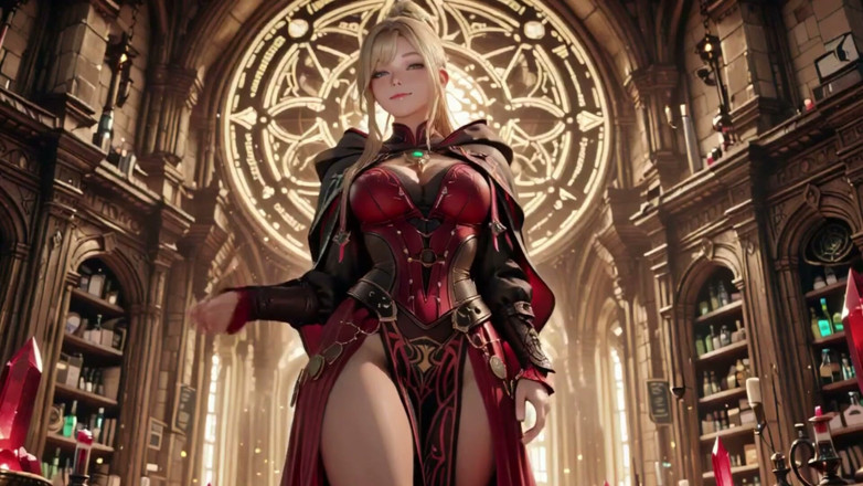 Seraphina Vale: Red &amp; Black Armor Witch! Forbidden Casting in the Gothic Library.
