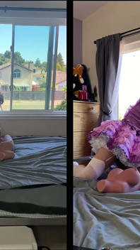 Rosa Satin Sissy Maid rider sin sexdocka leksak medan hon är låst