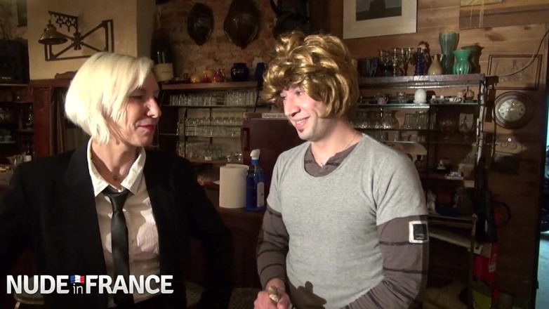 Nude in France: Older blonde slut fucks young guy in woman's wig