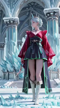Ice Throne! Silver-haired Mage in Red-green Gown Kneeling, Blue-haired Partner Teasing in Snowy Realm!