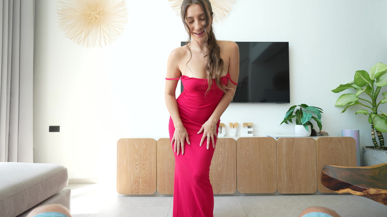 Kriss Kiss: 赤いドレスでディープフェラと飲み込み、熱い彼女が射精