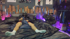 Evilshaman: Cock Rubbing Down Jacket on Shiny Nylon Bed