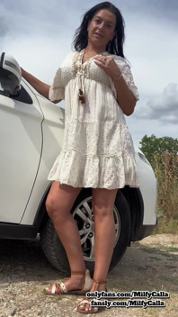 White Dress Tease by the Car Flirty Panty & Bra Reveal with an American MILF