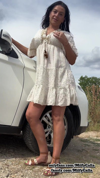 White Dress Tease by the Car Flirty Panty & Bra Reveal with an American MILF