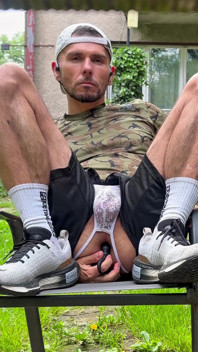 Sporty Guy in Lingerie Thong Exposing Outside