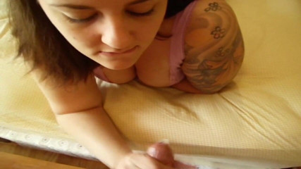 Sexy Amateurz: Tattooed brunette wanks hard cock in POV