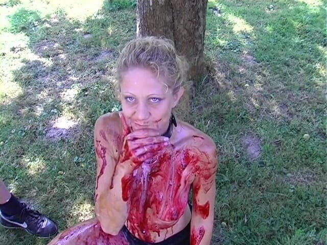 Horny Two really wet MILFs: Blonde slut gets all covered with food outdoors