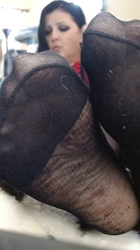 Closeup Black Nylon Pantyhose Feet