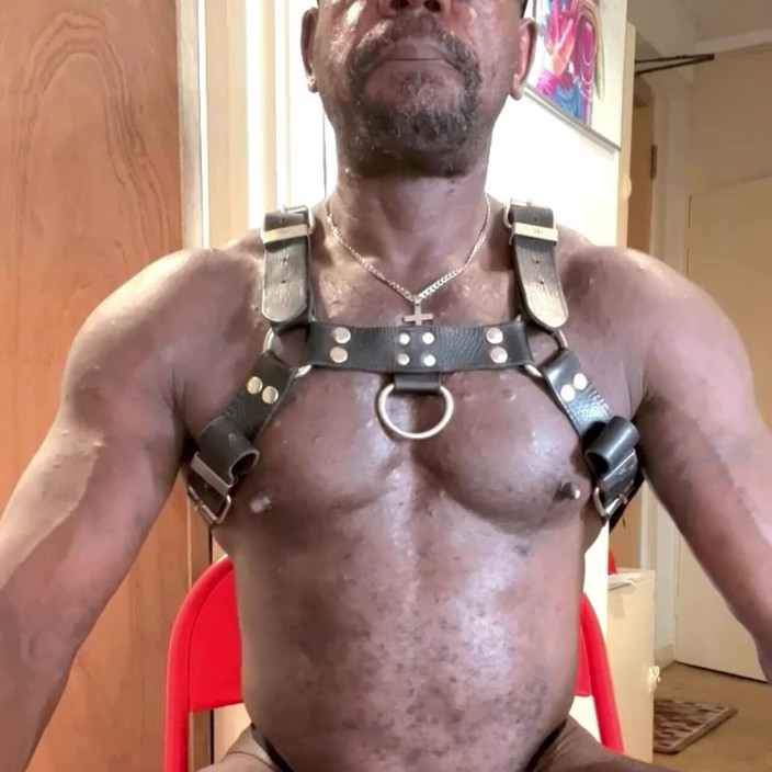 Black smoking muscle stepdad: Leather Harness Flex &amp; Smoke &amp; Load Busting Session