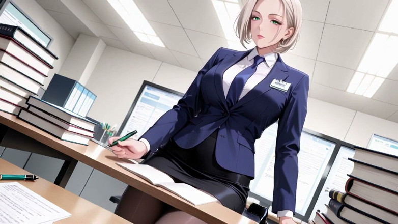 Tay Swift X: Kneeling on the Desk Amidst Piles of Files, Adjusting Her...
