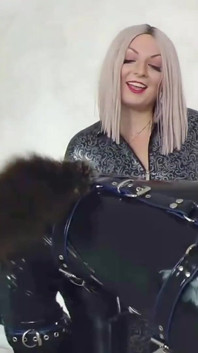 Pet Play with Heavy Rubber Fetish. Shiny Mistress in Latex Catsuit and Her Submissive. Positive Femdom.