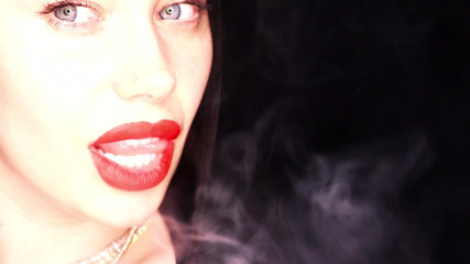 Goddess Misha Goldy: 4K Applying red lipstick and smoking hookah on black background